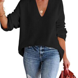 Womens Oversized Deep V Neck Sweaters Sexy Long Sleeve Tunic Sweater Knitted Dre